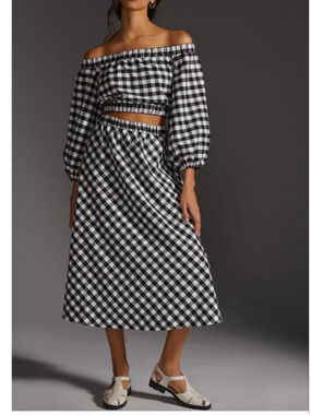 Women's Maeve by Anthropologie Black White Gingham Midi Skirt L